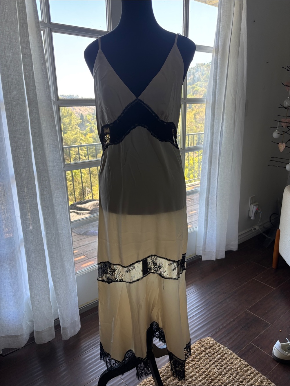 Elegant Ivory Slip Dress with Black Lace Trim
